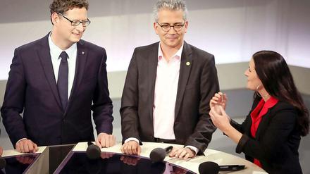 Geht's ohne die Linke? Der hessische SPD-Spitzenkandidat Thorsten Schäfer-Gümbel (l.) Tarek Al-Wazir, Spitzenkandidat der Grünen und Janine Wissler von der Linkspartei.