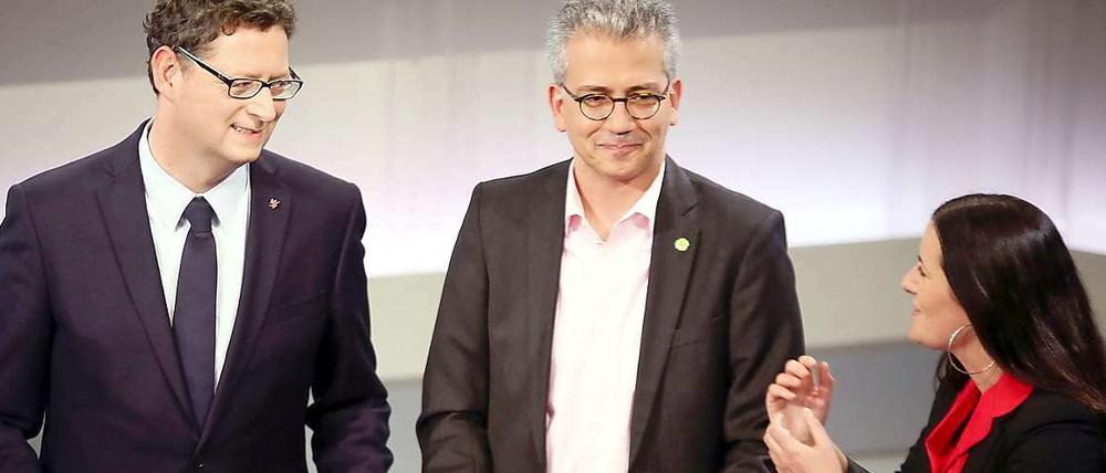 Geht's ohne die Linke? Der hessische SPD-Spitzenkandidat Thorsten Schäfer-Gümbel (l.) Tarek Al-Wazir, Spitzenkandidat der Grünen und Janine Wissler von der Linkspartei.