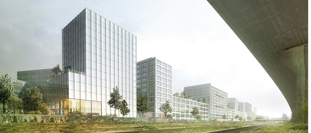 Kurz vor der Ankunft in Berlin. Links die neuen Gebäude am Ex-Güterbahnhof. Oben rechts rollen die ICE auf der Betonrampe hinab zum Hauptbahnhof.