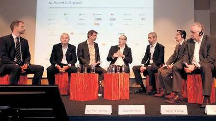 Selbsthilfegruppe. Karl-Heinz Remmers (4. v. links) diskutiert auf seinem "Forum Solarpraxis" mit Chefs von Fotovoltaikfirmen die Lage. 