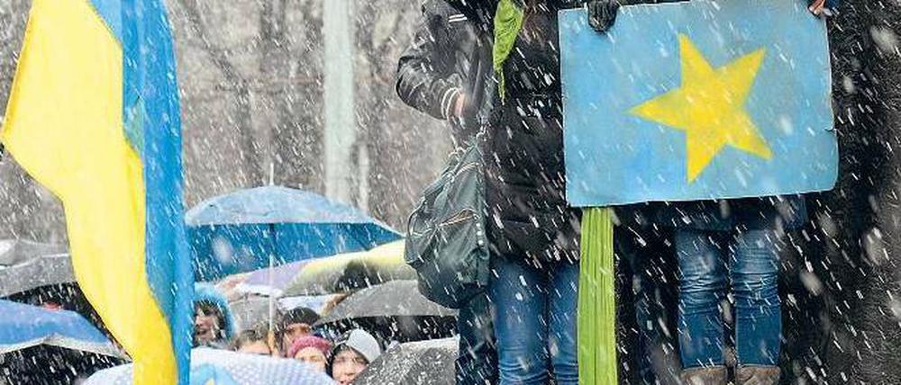 Unerschrocken. Trotz Kälte und heftigen Schneetreibens versammeln sich in vielen Städten der Ukraine pro-europäische Demonstranten. Foto: AFP