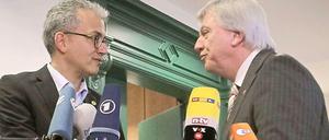 Tarek Al-Wazir (grüne) und Volker Bouffier (CDU) hier nach einem Sondierungsgespräch.
