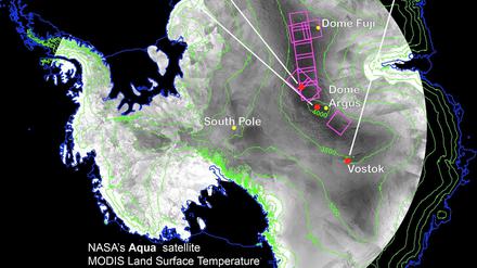 Klirrende Kälte. Diese Abbildung zeigt den bisherigen Kältepol (die russische Wostok-Station) sowie den Bergrücken, an dem die neue Rekordtemperatur aus Satellitendaten berechnet wurde.