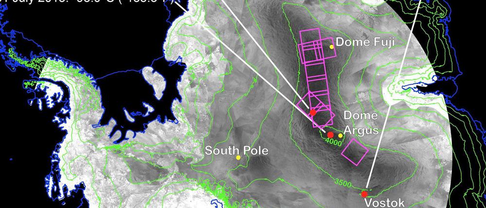 Klirrende Kälte. Diese Abbildung zeigt den bisherigen Kältepol (die russische Wostok-Station) sowie den Bergrücken, an dem die neue Rekordtemperatur aus Satellitendaten berechnet wurde. 
