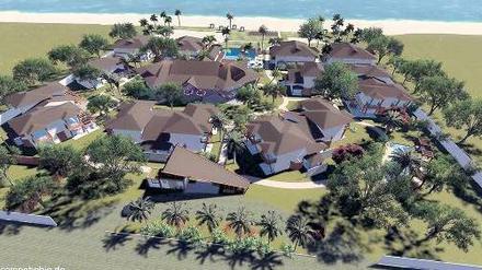 Willkommen im Camp. Wenn das Ferien-Ressort „Campo Bahia“ mehr ist als eine Grafik, kann das Fußball-Nationalteam einziehen. Foto: dpa