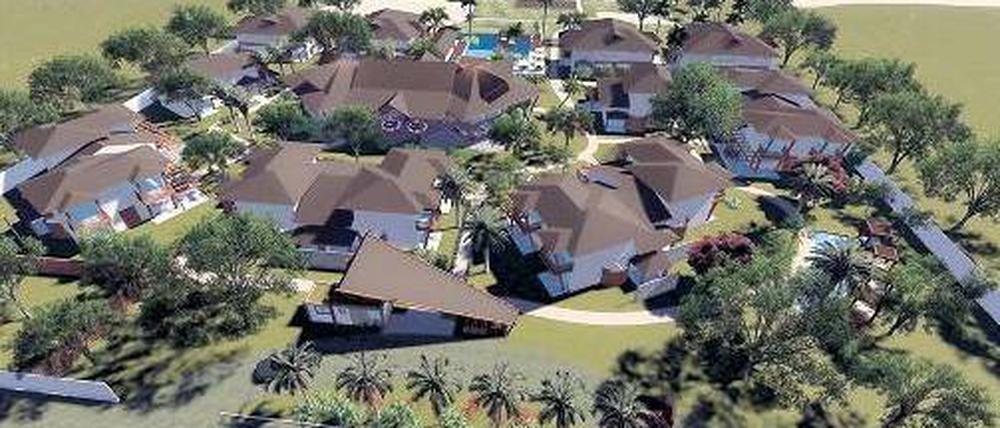 Willkommen im Camp. Wenn das Ferien-Ressort „Campo Bahia“ mehr ist als eine Grafik, kann das Fußball-Nationalteam einziehen. Foto: dpa