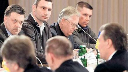 Die ukrainischen Oppositionsführer, darunter Vitali Klitschko (Mitte oben), am „Runden Tisch“ im Gespräch mit Staatspräsident Viktor Janukowitsch (rechts unten).