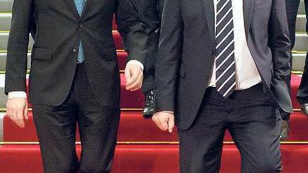 Roter Teppich: Guido Westerwelle und Nachfolger Frank-Walter Steinmeier (r.). Foto: dpa