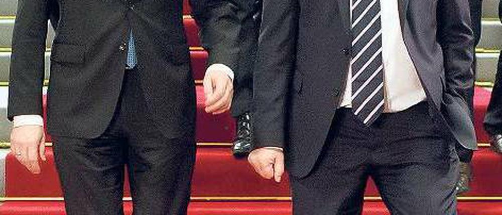 Roter Teppich: Guido Westerwelle und Nachfolger Frank-Walter Steinmeier (r.). Foto: dpa