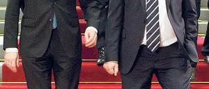 Roter Teppich: Guido Westerwelle und Nachfolger Frank-Walter Steinmeier (r.). Foto: dpa