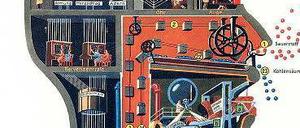 Die „Biologie des Bratendufts“ ist so ein Bild aus dem Werk Fritz Kahns. Was der knusprigen Weihnachtsgans entströmt, wird im Schattenriss eines Kopfes vom Laboranten Station für Station weiterverarbeitet: Im Riechfeld fragt er „riecht es?“, im Großhirn legt er Reflexschalter um, im Speichelzentrum den Fleischhebel. Aus den Bilderwelten des Berliner Arztes und einst überaus populären Wissenschaftsautors Fritz Kahn (1888–1968) spricht die Faszination des Maschinenzeitalters. In einem großformatigen Band lässt der Taschen-Verlag Kahns „Reisen in den eigenen Körper“ wieder aufleben. Kahn musste 1933 nach Palästina emigrieren, gelangte durch Fürsprache Einsteins in die USA, wo er aber nicht mehr Fuß fassen konnte. Didaktisch ist er noch immer auf der Höhe der Zeit. Wo seine Erklärungen überholt sind, mögen Mediziner von heute überprüfen. Aber auch sie werden von Kahns starker Bildsprache begeistert sein. Uta von Debschitz, Thilo von Debschitz: Fritz Kahn. Taschen Verlag, Berlin 2013. 392 Seiten, 39,99 Euro.