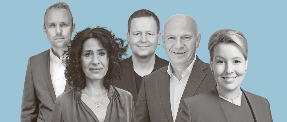 Diese fünf Spitzenkandidierenden für die Berlin-Wahl stellten sich im Tagesspiegel-Talk (v.l.): Sebastian Czaja, Bettina Jarasch, Klaus Lederer, Kai Wegner und Franziska Giffey.