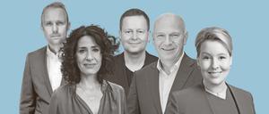 Diese fünf Spitzenkandidierenden für die Berlin-Wahl stellten sich im Tagesspiegel-Talk (v.l.): Sebastian Czaja, Bettina Jarasch, Klaus Lederer, Kai Wegner und Franziska Giffey.