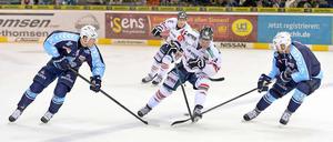 Laurin Braun (Bildmitte) und die Eisbären stehen in der DEL deutlich hinter den Hamburg Freezers.