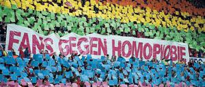Farbe bekennen. Immer öfter protestieren Fußball-Fans (wie hier 2012 in Mainz) gegen Homophobie in deutschen Stadien.Foto: Imago