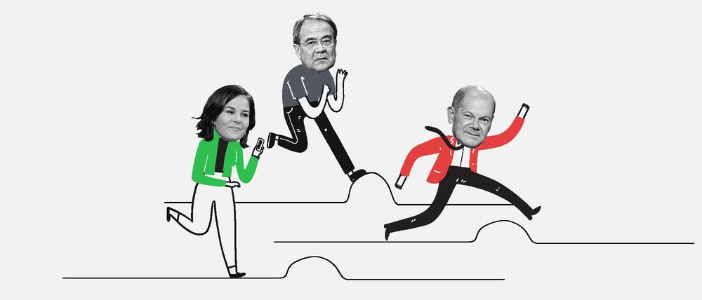 Der Wahlkampfendspurt hat begonnen: So wollen die Kandidaten Baerbock (Gruene), Scholz (SPD) und Laschet (CDU) auf den letzten Metern punkten.