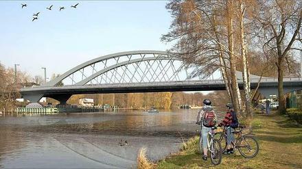 So soll die neue Brücke ab 2016 aussehen. Die Grafiker haben sich was richtig kesses einfallen lassen: Links oben Vögel, rechts unten zwei brave Jugendliche die fasziniert auf eine Ente starren.