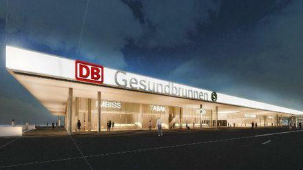 Im Februar2015 sollte das Empfangsgebäude am Bahnhof Gesundbrunnen fertig sein, im April klappte es dann endlich – mehr als ein Jahr später, als beim Start der Arbeiten Anfang 2013 geplant war. Und so sollte es laut Simulation aussehen.