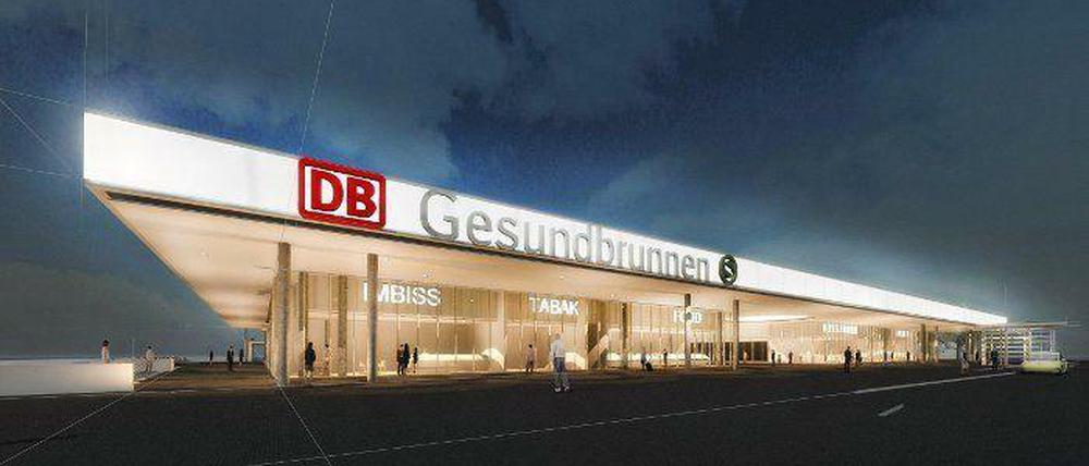Im Februar2015 sollte das Empfangsgebäude am Bahnhof Gesundbrunnen fertig sein, im April klappte es dann endlich – mehr als ein Jahr später, als beim Start der Arbeiten Anfang 2013 geplant war. Und so sollte es laut Simulation aussehen.