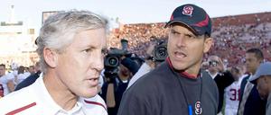 What’s your deal? Die Rivalität zwischen Pete Carroll (links) und Jim Harbaugh begann, als sie noch Trainer auf dem College waren.