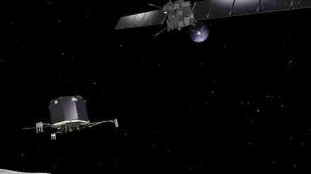 Beinahe am Ziel. So stellt sich ein Grafiker die Ankunft von Rosetta an dem Kometen vor. Der Landeroboter hat den rund drei Kilometer großen Kometenkern fast erreicht. Stattfinden soll das Manöver im November.