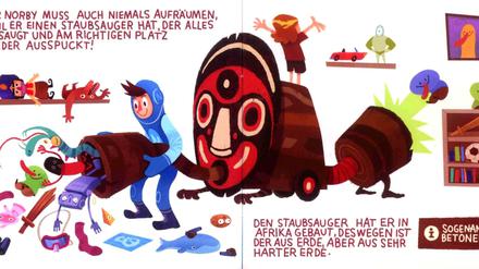 Kindertraum: Jackson Norby beim Aufräumen auf einer Doppelseite aus dem Buch.