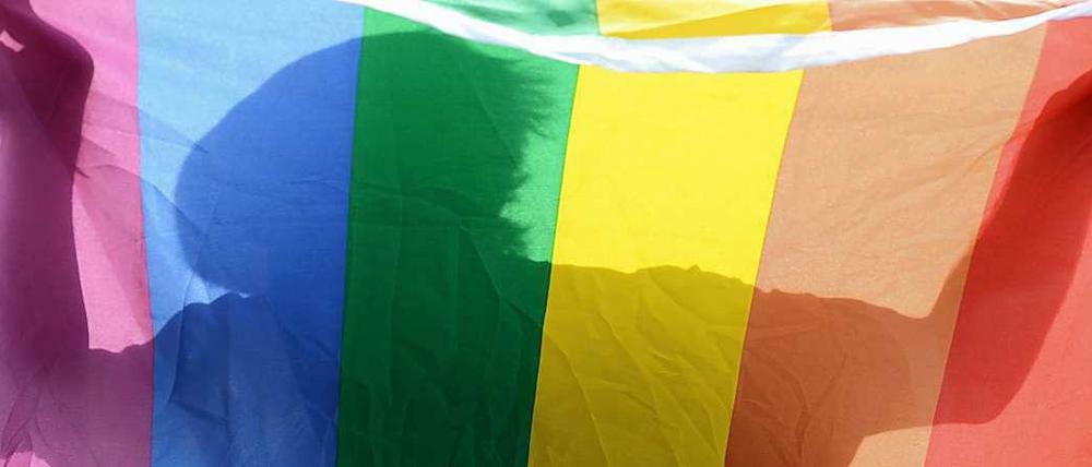 Ein Mann hält eine Regenbogenfahne als Symbol der Schwulen- und Lesbenbewegung.