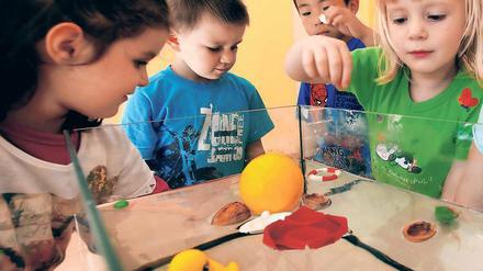 In einer Kita spielen Kinder an einem Wasserbecken mit schwimmenden Plastiktieren und anderen Objekten.