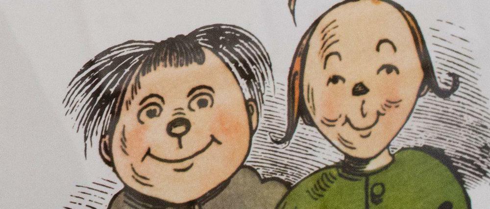Mit diesen beiden fing alles an: Max und Moritz in einem Rahmen in der Ausstellung in Hannover.