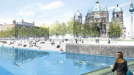 Mit Badetuch zum Lustgarten. Die Kreuzberger Architekten wollen den Kupfergraben an der Museumsinsel zwischen Bode-Museum und Schlossplatz zu einem 745 Meter langen Freiluftschwimmbad machen. Ein Bio-Klärwerk davor soll die Spree säubern. Über eine Treppe gelangen die Schwimmer ins Wasser. 