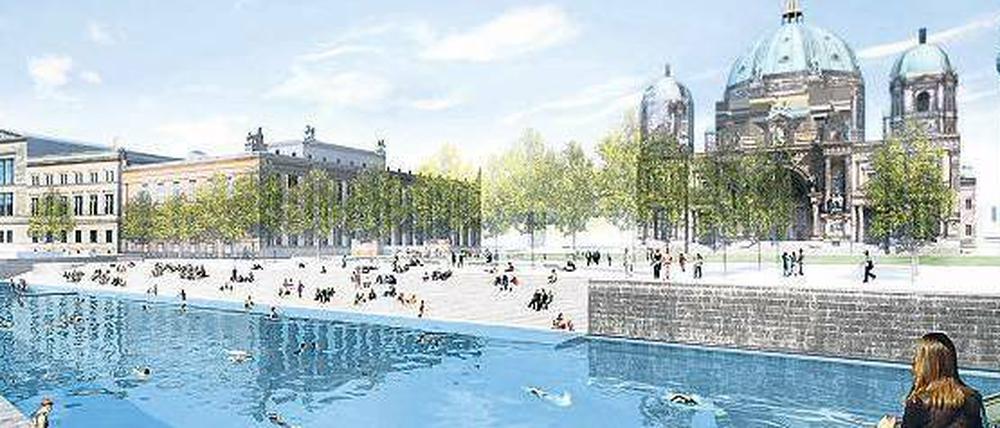 Mit Badetuch zum Lustgarten. Die Kreuzberger Architekten wollen den Kupfergraben an der Museumsinsel zwischen Bode-Museum und Schlossplatz zu einem 745 Meter langen Freiluftschwimmbad machen. Ein Bio-Klärwerk davor soll die Spree säubern. Über eine Treppe gelangen die Schwimmer ins Wasser. 