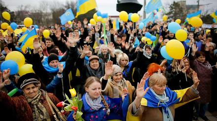Eine Demonstration in der ukrainischen Stadt Simferopol gegen das geplante Krim-Referendum.