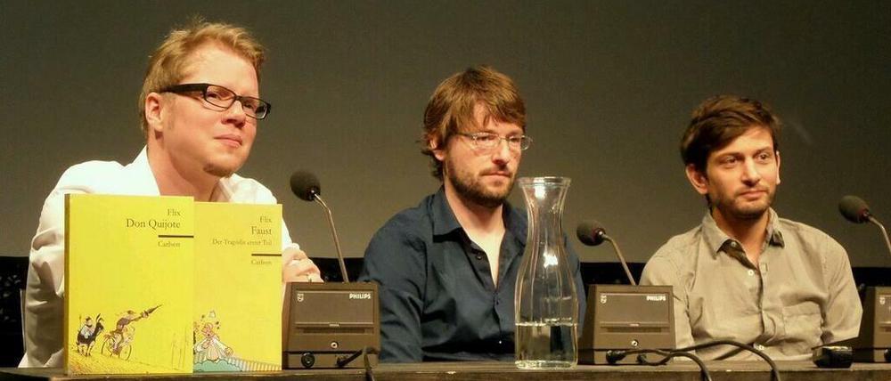 Im Dissens über das Comicmanifest : Flix, Tim Dinter und Manuele Fior (von links) beim Internationalen Literaturfestival Berlin im September 2013.