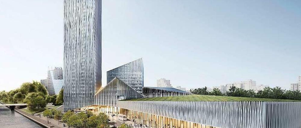 Hoch hinaus in Neukölln: So sieht der Siegerentwurf für den Hotelturm „Estrel Tower“ an der Sonnenallee aus.