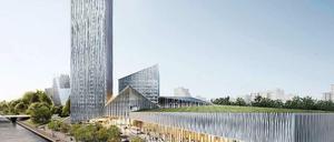 Hoch hinaus in Neukölln: So sieht der Siegerentwurf für den Hotelturm „Estrel Tower“ an der Sonnenallee aus.