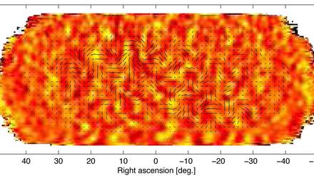 Muster des Urknalls. Die Abbildung zeigt die kosmische Hintergrundstrahlung über dem Südpol. Die schwarzen Striche zeigen die Polarisation der Mikrowellen. Die Muster werden nach Ansicht der Forscher hervorgerufen durch Gravitationswellen. 