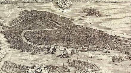 Mit dem Verstand gesehen. Jacopo de’ Barbari legte im Jahr 1500 eine Ansicht von Venedig aus der Vogelperspektive als Holzschnitt vor. Sie blieb unübertroffen und wurde drei Jahrhunderte lang immer wieder nachgedruckt (Ausschnitt).