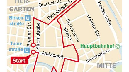 Auf dieser Strecke wollen die rund 1000 angemeldeten Teilnehmer bei der Anti-Repressionsdemo am Sonnabend durch Moabit ziehen. 