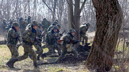 Ukrainische Grenzsoldaten bei einer Übung. 