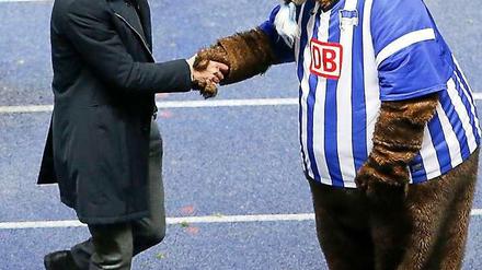 Auch Hertha-Maskottchen Herthinho gratuliert dem Bayern-Trainer zur Meisterschaft.