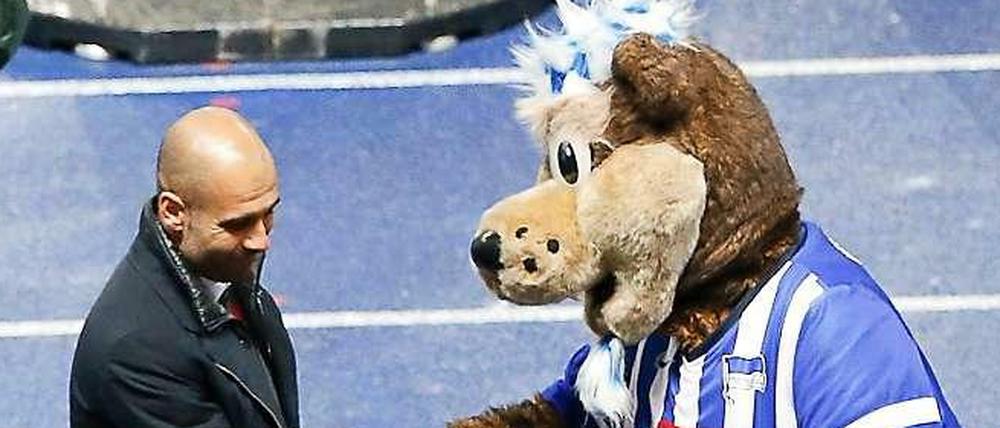 Auch Hertha-Maskottchen Herthinho gratuliert dem Bayern-Trainer zur Meisterschaft.