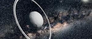 Überraschend. Den kleinen Asteroiden namens Chariklo umgibt ein Ringsystem aus Eis und Gestein (hier eine künstlerische Darstellung). Bisher wurden solche Ringe nur Planeten wie dem Saturn zugeschrieben.