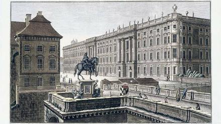 Schlüters Welt. Reiterstandbild des Großen Kurfürsten mit dem Schloss, Kupferstich von Johann G. Rosenberg, 1781. 