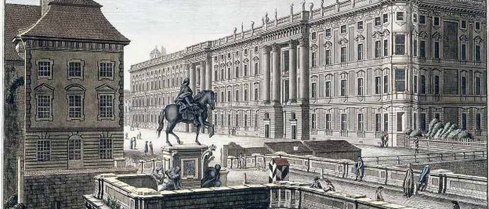 Schlüters Welt. Reiterstandbild des Großen Kurfürsten mit dem Schloss, Kupferstich von Johann G. Rosenberg, 1781. 