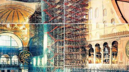 Heilige Halle. In den Schließzeiten der Hagia Sophia in Istanbul hat Ola Kolehmainen die ehemalige Moschee samt Baugerüsten fotografiert. Die aus vier Fotos zusammengesetzten Bilder sind jetzt im Haus am Waldsee zu sehen.