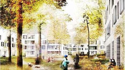 Neue Häuser in Westend. Das Bild stammt aus der Broschüre, die bei der Mieterversammlung verteilt werden soll.