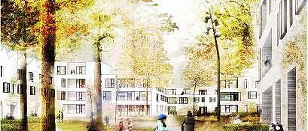 Neue Häuser in Westend. Das Bild stammt aus der Broschüre, die bei der Mieterversammlung verteilt werden soll.