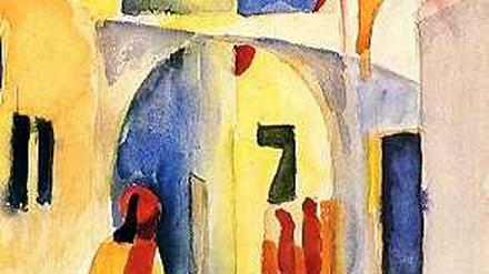 Blick in eine Gasse, Aquarell von August Macke, 1914. Eine typische Szene, wie man sie heute manchmal noch finden kann.