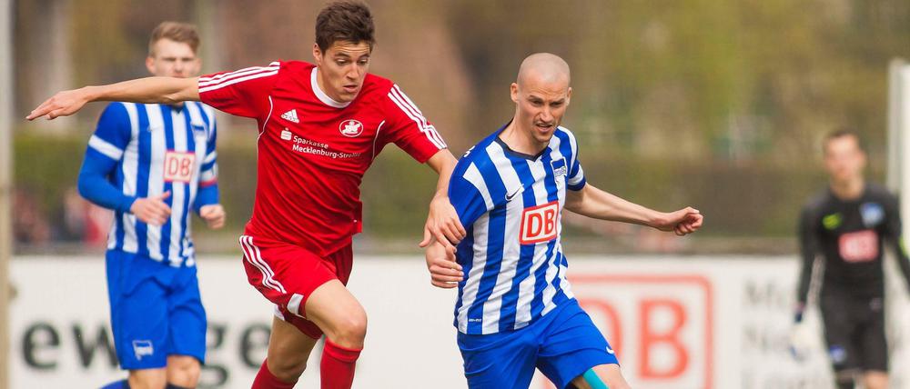 Gut möglich, dass die TSG Neustrelitz (rote Trikots) bald häufiger in Berlin im Einsatz ist, und nicht nur gegen die Reserve-Mannschaft von Hertha BSC.