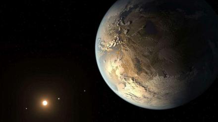 Viel Phantasie. Sicher ist: Der Planet Kepler-186f ist ähnlich groß wie die Erde und kreist in der habitablen Zone um seinen Mutterstern. Wie er wirklich aussieht, wissen die Forscher nicht, es gibt kein Foto. Der Illustrator hatte dementsprechend viele Freiheiten. 